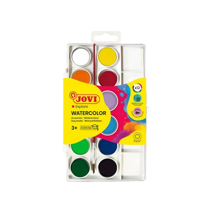 Jovi Pack de 12 Acuarelas en Pastilla 22mm + Pincel - Brillantes - Facilmente Mezclables - Colores Surtidos