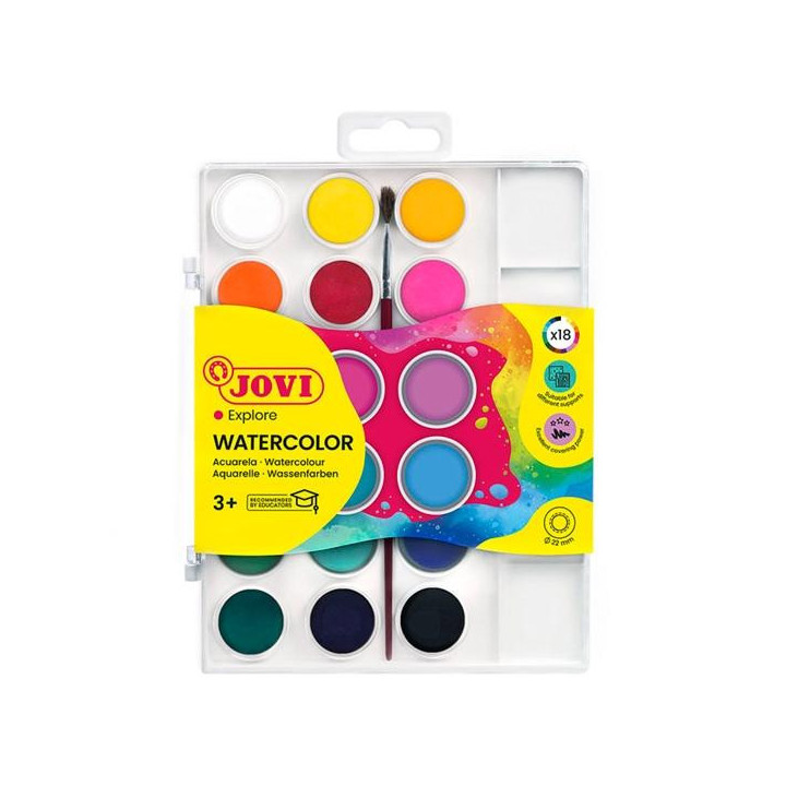 Jovi Pack de 18 Acuarelas en Pastilla 22mm + Pincel - Brillantes - Facilmente Mezclables - Colores Surtidos