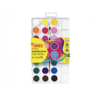 Jovi Pack de 24 Acuarelas en Pastilla 22mm + Pincel - Brillantes - Facilmente Mezclables - Colores Surtidos