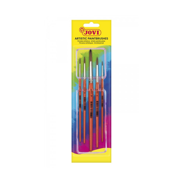 Jovi Artistic Paintbrushes Blister con 5 Pinceles Redondos - Pelo Natural - Mango de Madera - Calibre 00 al 12 - Punta Redonda