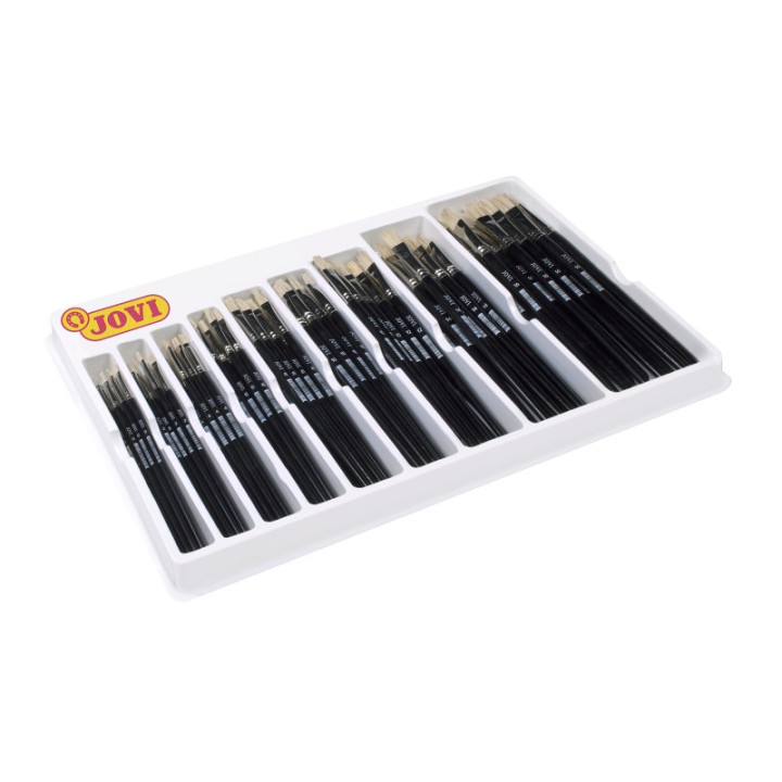 Jovi Caja Expositora de 108 Pinceles Artisticos Planos Pelo Cerda Surtidos - Pelo Natural - Mango de Madera - Punta Plana - Pel
