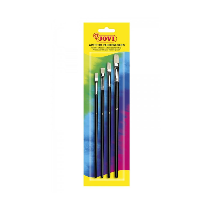 Jovi Artistic Paintbrushes Blister con 4 Pinceles Planos - Pelo Natural - Mango de Madera - Punta Plana - Pelo Duro - Color Neg