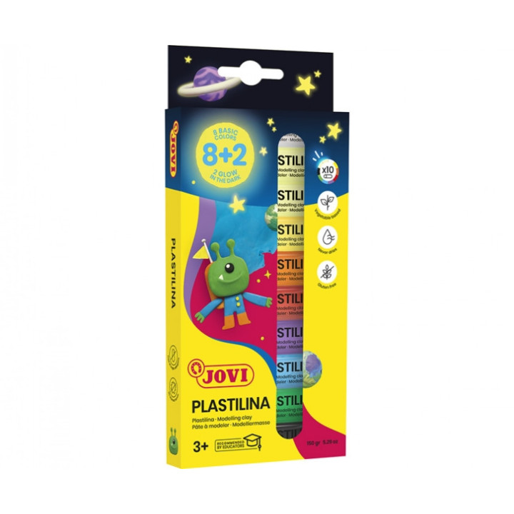 Jovi Pack con 10 Barras de Plastilina 15gr - 8 Colores Basicos + 2 Fluorescentes - Muy Moldeable - No se Seca - Colores Surtido