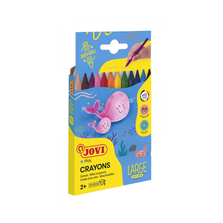 Jovi Large Easy Grip Pack de 12 Ceras Plasticas Hexagonales - Facil de Sacar Punta - No Mancha - Ideal para Manos Pequeñas - C