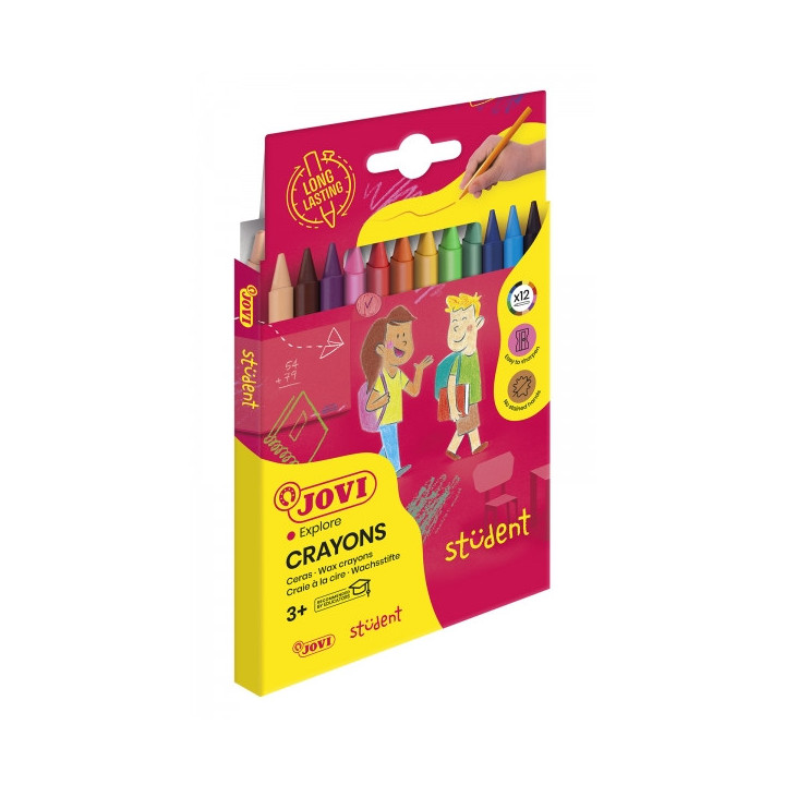 Jovi Crayons Student Estuche de 12 Ceras Plasticas - Resistentes - No Manchan - Agradables de Rayar - Acabado Brillante - Gran