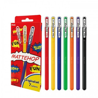 Pentel Mattehop Original Pack de 7 Boligrafos de Bola - Punta 1mm - Trazo 0.5mm - Tinta de Gel Opaca - Fabricado con 55% de Mat