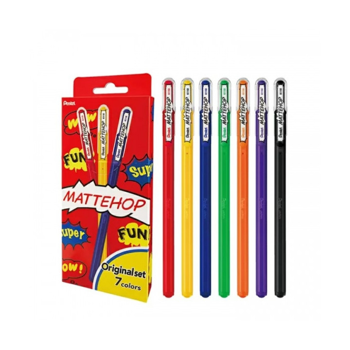 Pentel Mattehop Original Pack de 7 Boligrafos de Bola - Punta 1mm - Trazo 0.5mm - Tinta de Gel Opaca - Fabricado con 55% de Mat