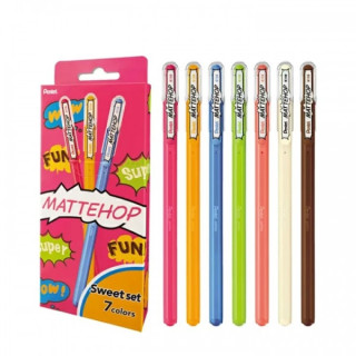 Pentel Mattehop Sweet Pack de 7 Boligrafos de Bola - Punta 1mm - Trazo 0.5mm - Tinta de Gel Opaca - Fabricado con 55% de Materi