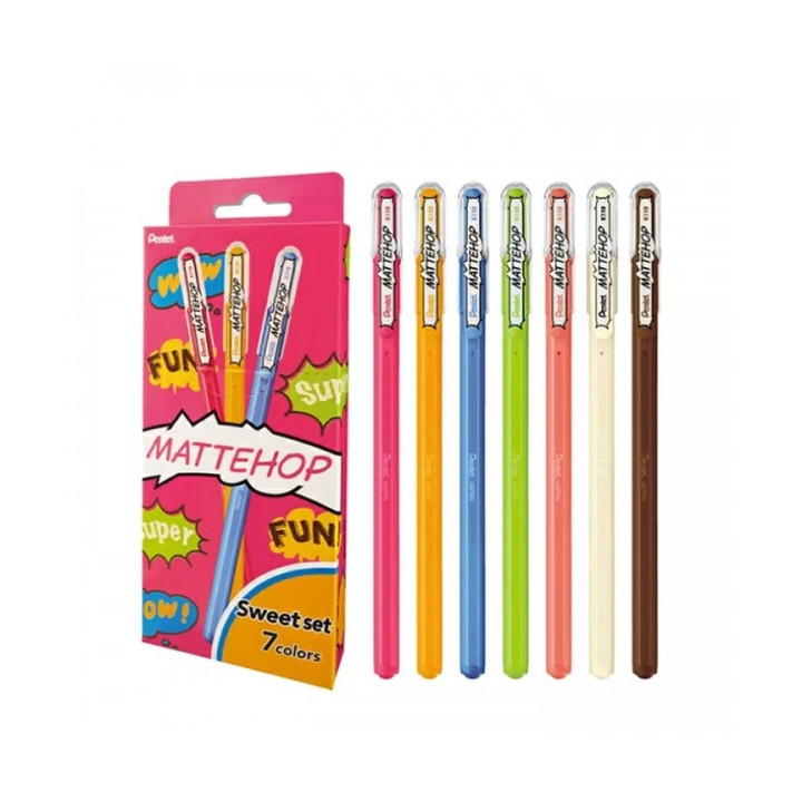 Pentel Mattehop Sweet Pack de 7 Boligrafos de Bola - Punta 1mm - Trazo 0.5mm - Tinta de Gel Opaca - Fabricado con 55% de Materi