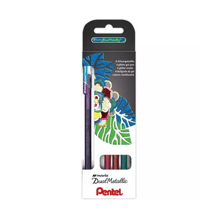 Pentel Hybrid Dual Metallic Pack de 4 Boligrafos de Bola con Tinta Gel Brillante - Punta 1mm - Trazo 0.5mm - Colores Brillantes