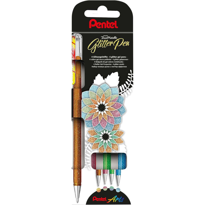 Pentel Hybrid Dual Metallic Pack de 4 Boligrafos de Bola con Tinta Gel Brillante - Punta 1mm - Trazo 0.5mm - Colores Brillantes