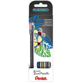 Pentel Hybrid Dual Metallic Pack de 4 Boligrafos de Bola con Tinta Gel Brillante - Punta 1mm - Trazo 0.5mm - Colores Brillantes