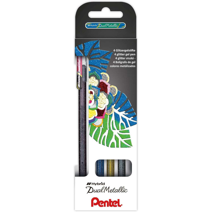 Pentel Hybrid Dual Metallic Pack de 4 Boligrafos de Bola con Tinta Gel Brillante - Punta 1mm - Trazo 0.5mm - Colores Brillantes