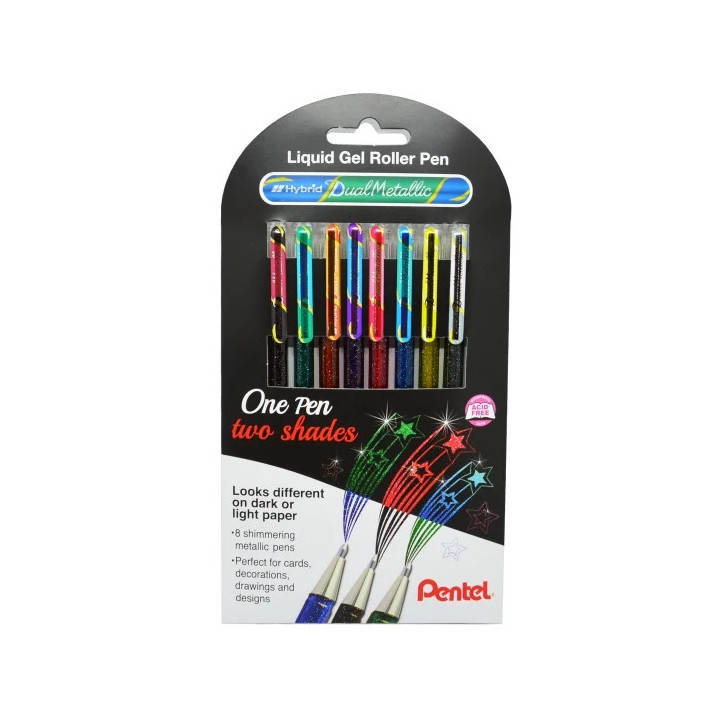 Pentel Hybrid Dual Metallic Pack de 8 Boligrafos de Bola con Tinta Gel Brillante - Punta 1mm - Trazo 0.5mm - Colores Brillantes