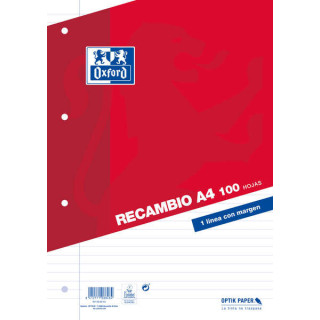 Oxford Classic Recambio de 100 Hojas Sueltas A4 1 Linea Horizontal con Margen 4 Taladros