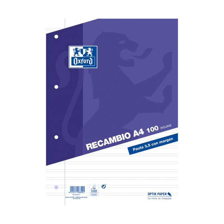 Oxford School Classic A4 Recambio Paquete con Margen - Pauta de 3.5mm - con Margen - 100 Hojas