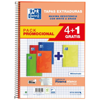 Oxford School Classic Write&Erase Pack 4+1 Fº - Cuaderno Espiral Tapa Extradura - Milimetrado con Margen - 80 Hojas - Colores