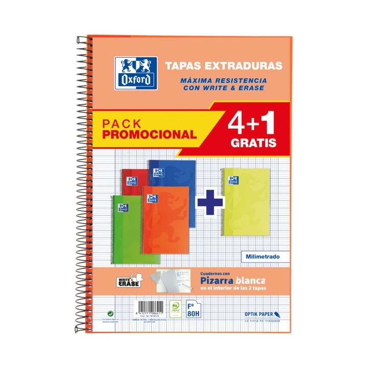 Oxford School Classic Write&Erase Pack 4+1 Fº - Cuaderno Espiral Tapa Extradura - Milimetrado con Margen - 80 Hojas - Colores