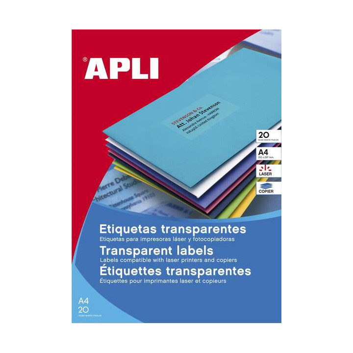 Apli Etiquetas Permanentes Translucidas 210 x 297 mm - 20 Hojas - Resistentes Intemperie