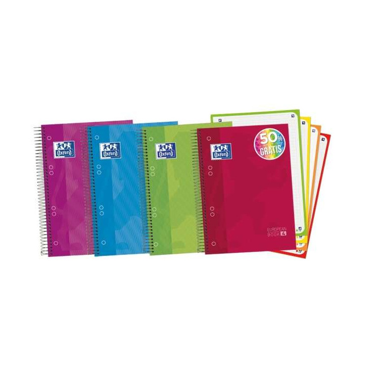 Oxford Europeanbook 4 Cuaderno Espiral Formato A5+ Cuadriculado 5x5mm - 120 Hojas 90gr - Tapa Extradura acabado Brillante - 4 B