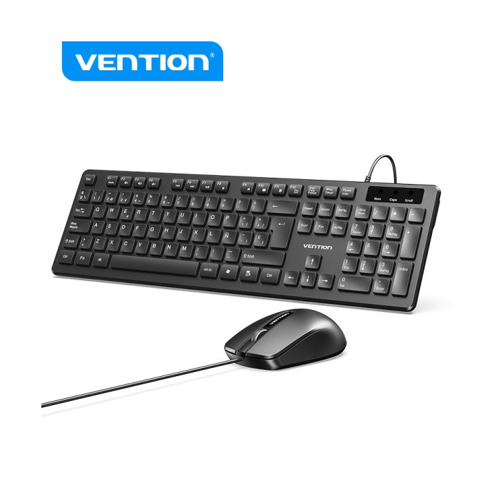 Vention KTC Teclado y Raton Ergonomico - 104 Teclas - Sensor 1200 DPI - Plug and Play - Amplia Compatibilidad - Color Negro