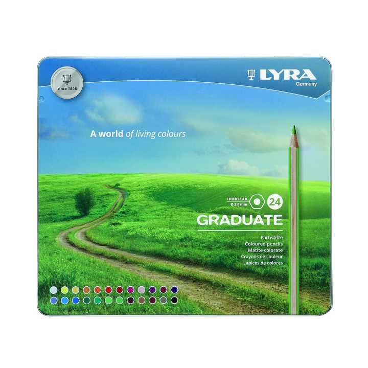 Lyra Graduate Pack de 24 Lapices de Colores - Hexagonal - Estuche de Metal - Color Negro