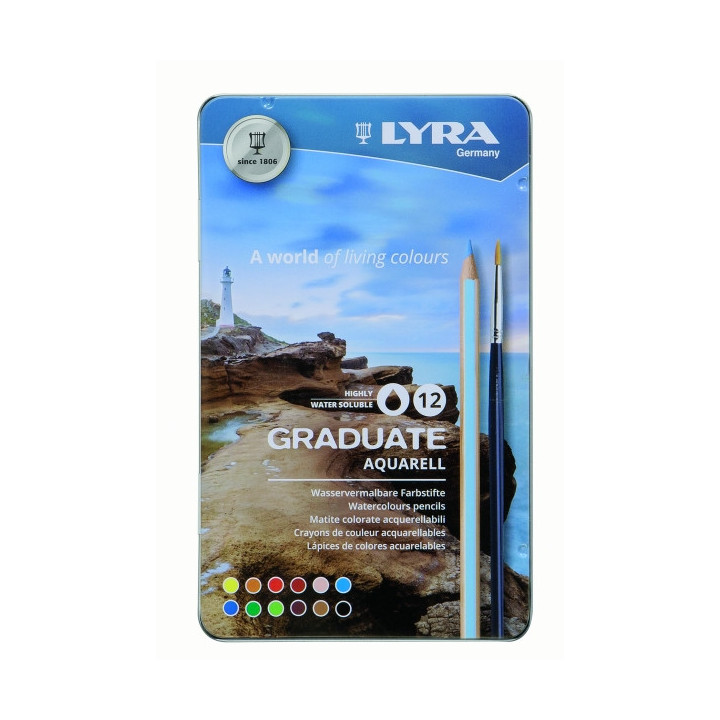 Lyra Graduate Pack de 12 Lapices de Colores Acuarelables con 1 Pincel Incluido - Hexagonal - Estuche de Metal - Colores Surtido