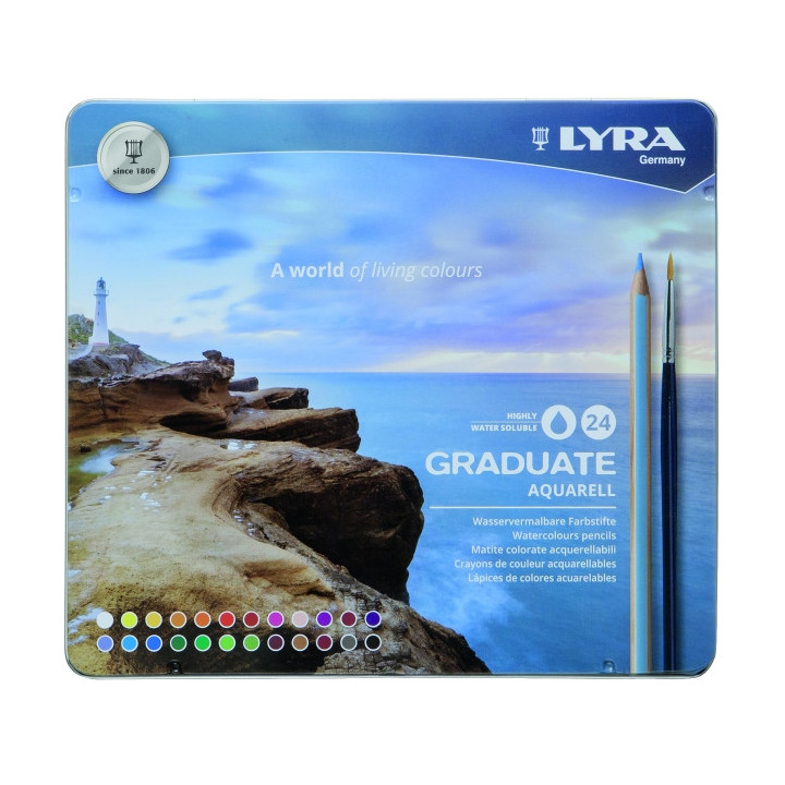 Lyra Graduate Pack de 24 Lapices de Colores Acuarelables con 1 Pincel Incluido - Hexagonal - Estuche de Metal - Colores Surtido
