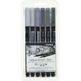 Lyra Aqua Brush Duo Pack 6 Rotuladores de Doble Punta - Trazos 1-5 y 1mm - Tinta Base de Agua - Colores Tonos Grises