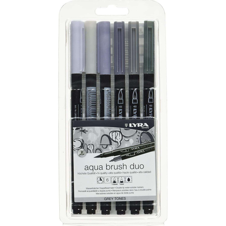 Lyra Aqua Brush Duo Pack 6 Rotuladores de Doble Punta - Trazos 1-5 y 1mm - Tinta Base de Agua - Colores Tonos Grises