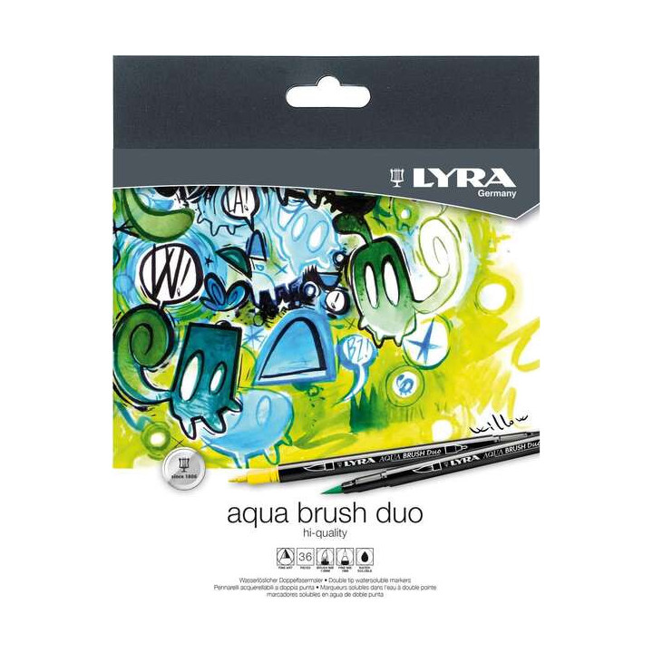 Lyra Aqua Brush Duo Pack de 36 Rotuladores de Doble Punta - Trazos 2 y 4mm - Tinta Base de Agua - Colores Surtidos