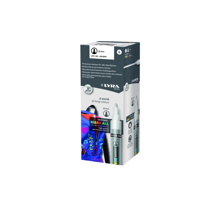 Lyra Mark All Pack de 6 Rotuladores Permanentes - Multisuperficie - Punta Redonda - 2mm - Color Blanco
