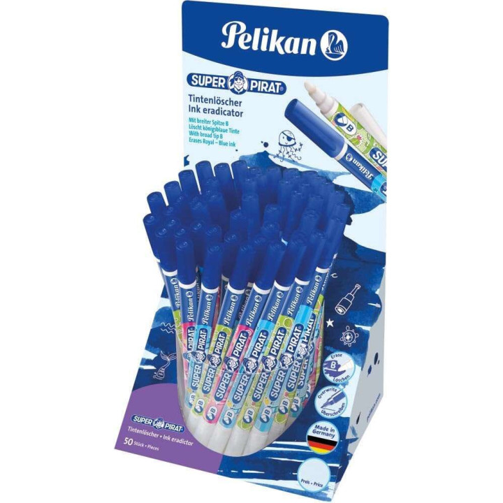 Pelikan Expositor de 50 Boligrafos Super Pirat 850 B - Borratinta de Pluma Estilografica y Roller - Punta Blanca y Reescribe -