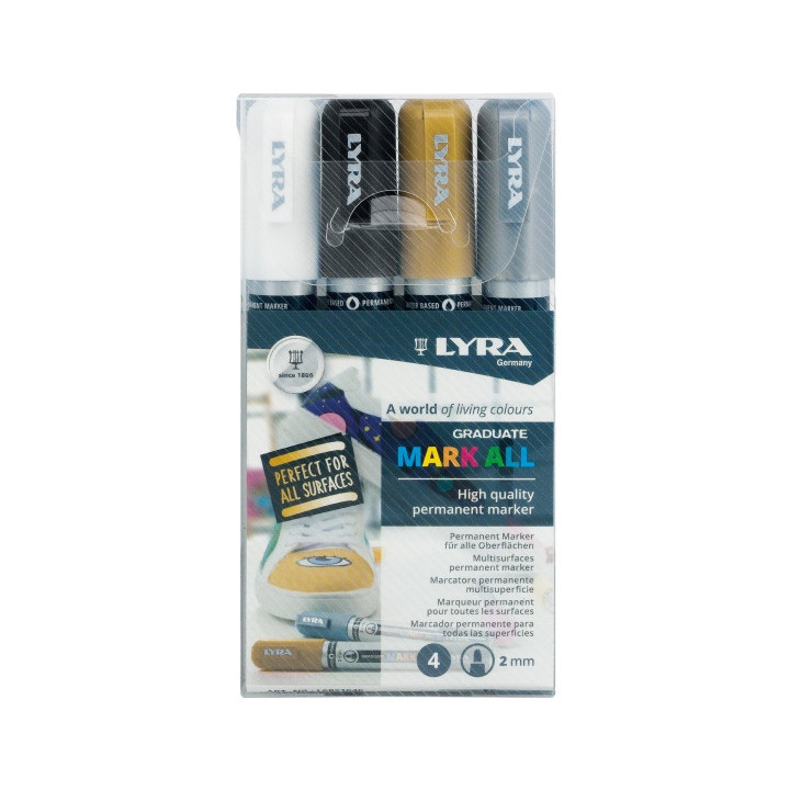 Lyra Mark All Pack de 4 Rotuladores Permanentes - Multisuperficie - Punta Redonda - 2mm - Colores Blanco