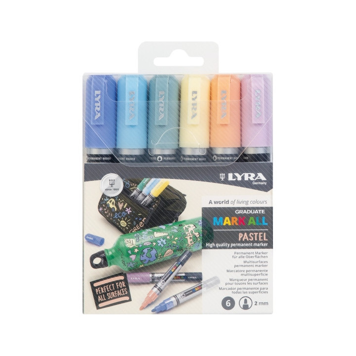 Lyra Mark All Pack de 6 Rotuladores Permanentes - Multisuperficie - Punta Redonda - 2mm - Estuche 6 Unidades - Colores Pastel