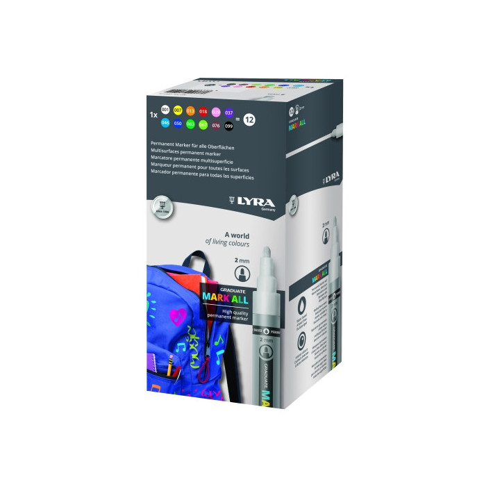 Lyra Mark All Pack de 12 Rotuladores Permanentes - Multisuperficie - Punta Redonda - 2mm - Colores Surtidos