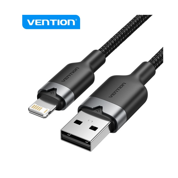 Vention Cable de Carga USB-A/Lightning - Aluminio y Algodon Trenzado - 480Mbps - 2.4A - 2m - Color Negro