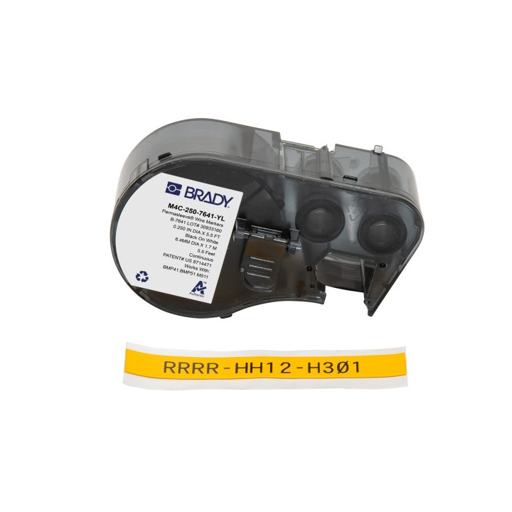 Brady M4C-250-7641-YL Cinta Termorretractil de Etiquetas - Texto Negro sobre Fondo Amarillo - Ancho 11.15mm x Largo 1.68m
