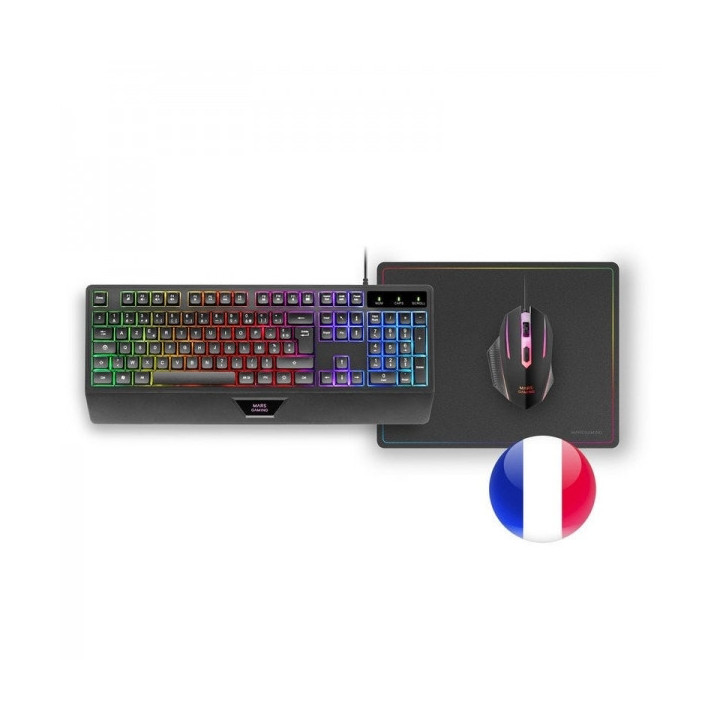 Mars Gaming MCP124 Combo Gaming 3en1 - Teclado H-Mech Ergonomico - Raton RGB Switches HUANO - Alfombrilla Nanotextil Rainbow -