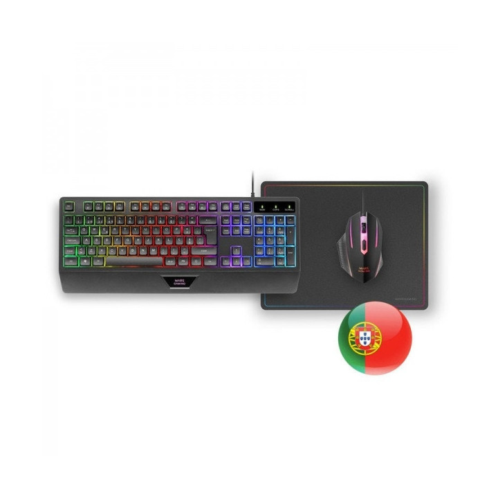 Mars Gaming MCP124 Combo Gaming 3en1 - Teclado H-Mech RGB - Raton 3200 DPI Switches HUANO - Alfombrilla Nanotextil Rainbow - Mu