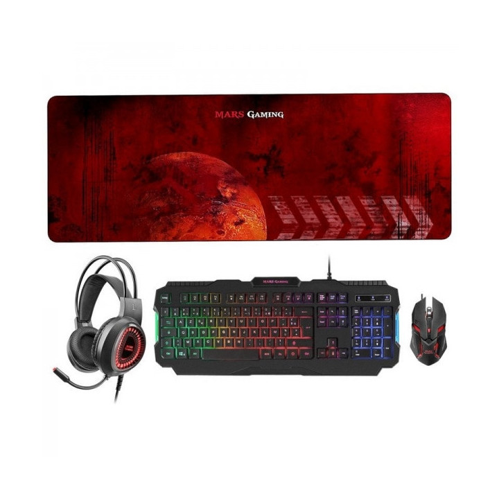 Mars Gaming MCPRGB2 Combo Gaming - Teclado RGB Rainbow - Raton 4000DPI RGB Flow - Auriculares RGB Flow - Alfombrilla XXL - Maxi