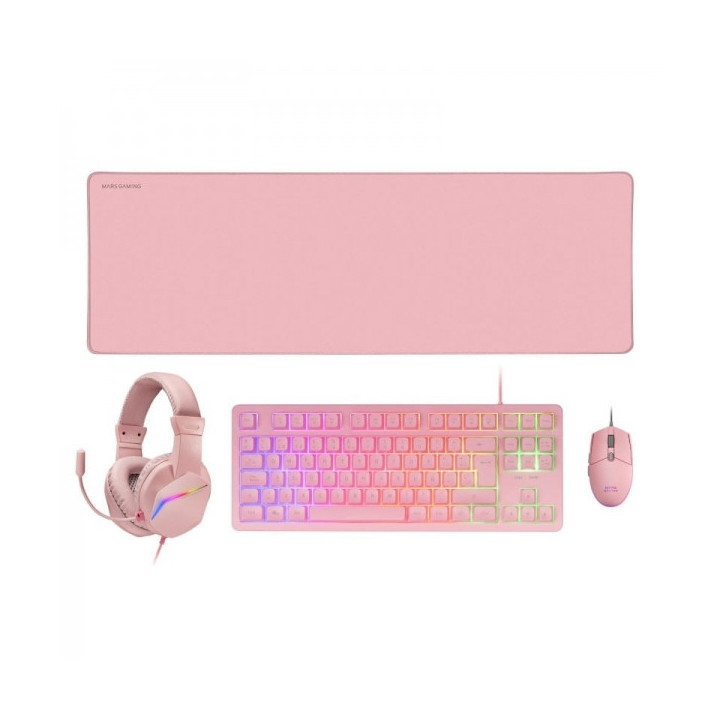 Mars Gaming MCP-RGB3 Combo Gaming 4en1 - Teclado TKL H-Mech RED - Raton RGB 3200 DPI - Auriculares FRGB - Alfombrilla XXL Antid