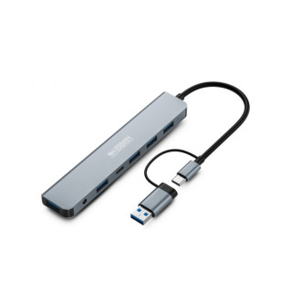 Urban Factory Minee HUB 6 en 1 - USB-A/C Macho - USB-A/C Hembra - Alimentacion Externa con Adaptador de Corriente - Color Gris