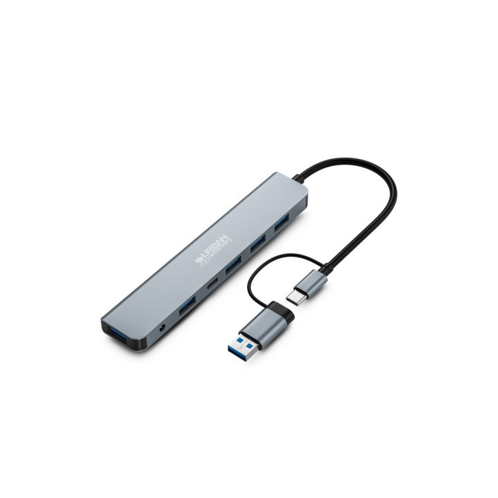 Urban Factory Minee HUB 6 en 1 - USB-A/C Macho - USB-A/C Hembra - Alimentacion Externa con Adaptador de Corriente - Color Gris