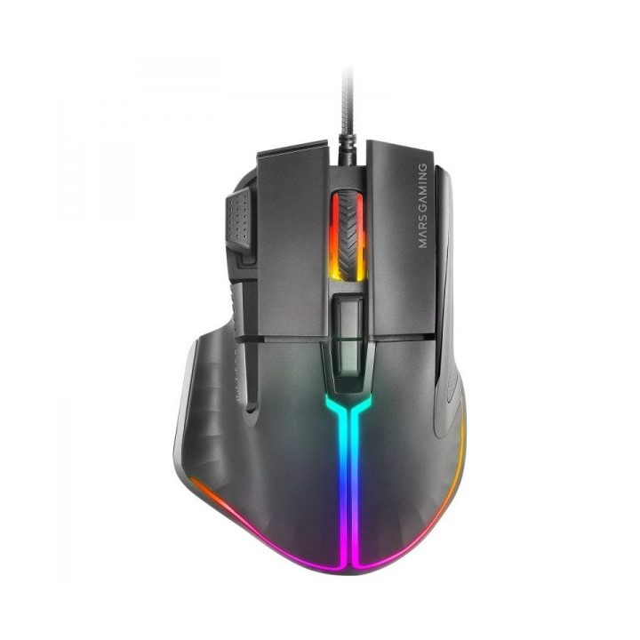 Mars Gaming MM-XT Raton Gaming - Iluminacion RGB - Sensor 12800 DPI - 9 Botones HUANO - Cable Feather Paracord - Compatible PC