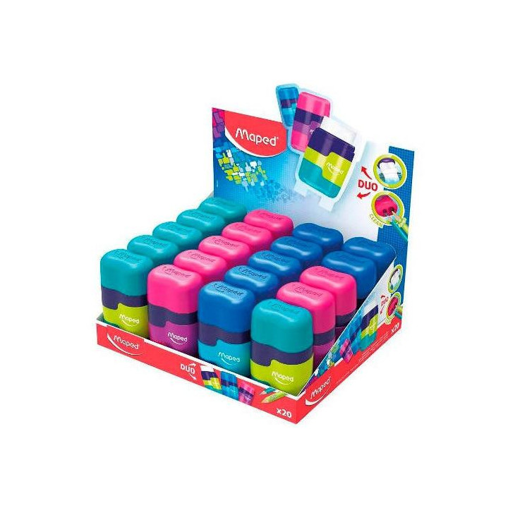 Maped Connect Duo Afilaborra de 2 Orificio con Goma de Borrar - Deposito de Gran Capacidad - Forma Ergonomica - Colores Surtido