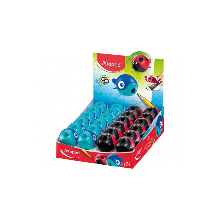 Maped Croc Croc Sacapuntas de 1 Orificio con Deposito - Divertidos Diseños de Mariquita y Ballena