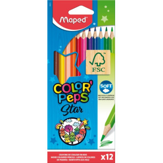 Maped Color´Peps Star Pack de 12 Lapices de Colores Triangulares - Mina Suave - Madera Certificada FSC - Colores Surtidos