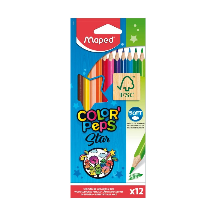 Maped Color´Peps Star Pack de 12 Lapices de Colores Triangulares - Mina Suave - Madera Certificada FSC - Colores Surtidos