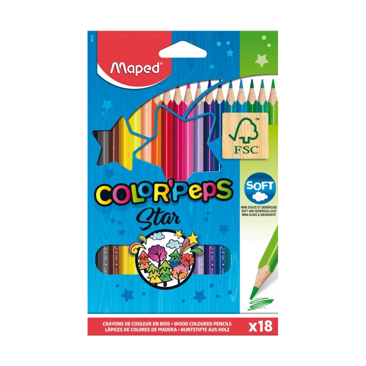 Maped Color´Peps Star Pack de 18 Lapices de Colores Triangulares - Mina Suave - Madera Certificada FSC - Colores Surtidos